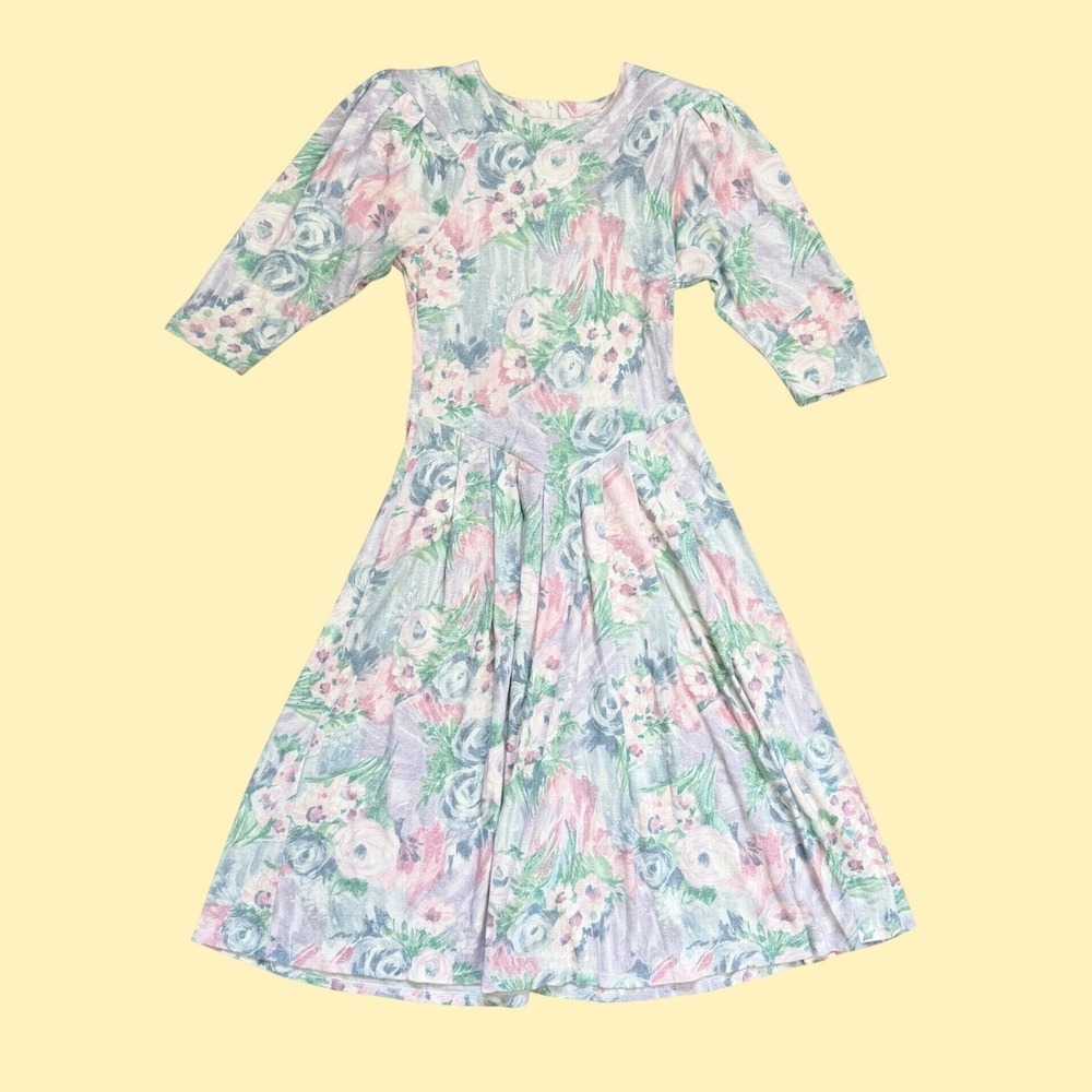 Vintage 80s Drop Waist Floral Dress Pastel 9 cottage prairie tea coastal